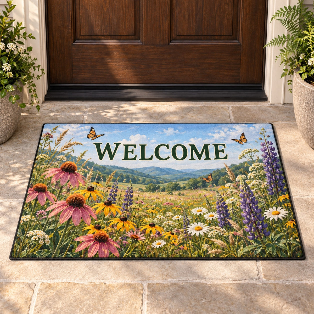 Wildflower Meadow Welcome Mat with dimensional printed themed artwork; representative AI-generated mockup.