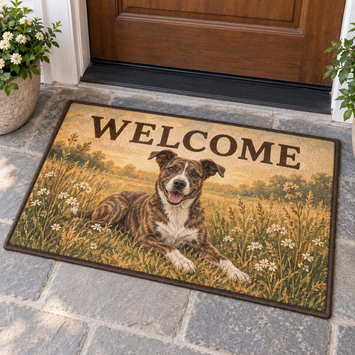 Rescue Mixed Breed Dog Welcome Mat with dimensional printed themed artwork; representative AI-generated mockup.