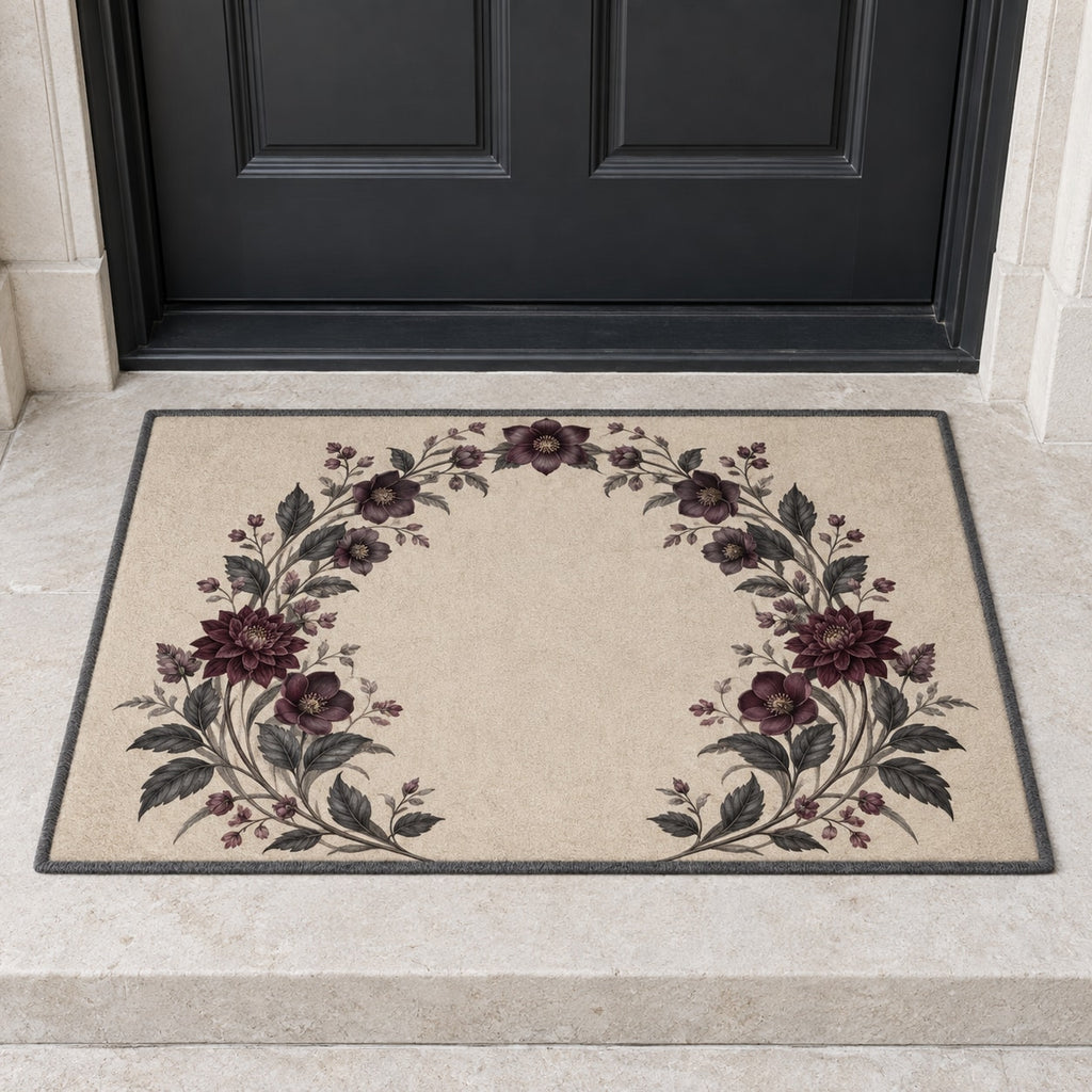 Gothic Botanical Wedding Welcome Mat with dimensional printed themed artwork; representative AI-generated mockup.