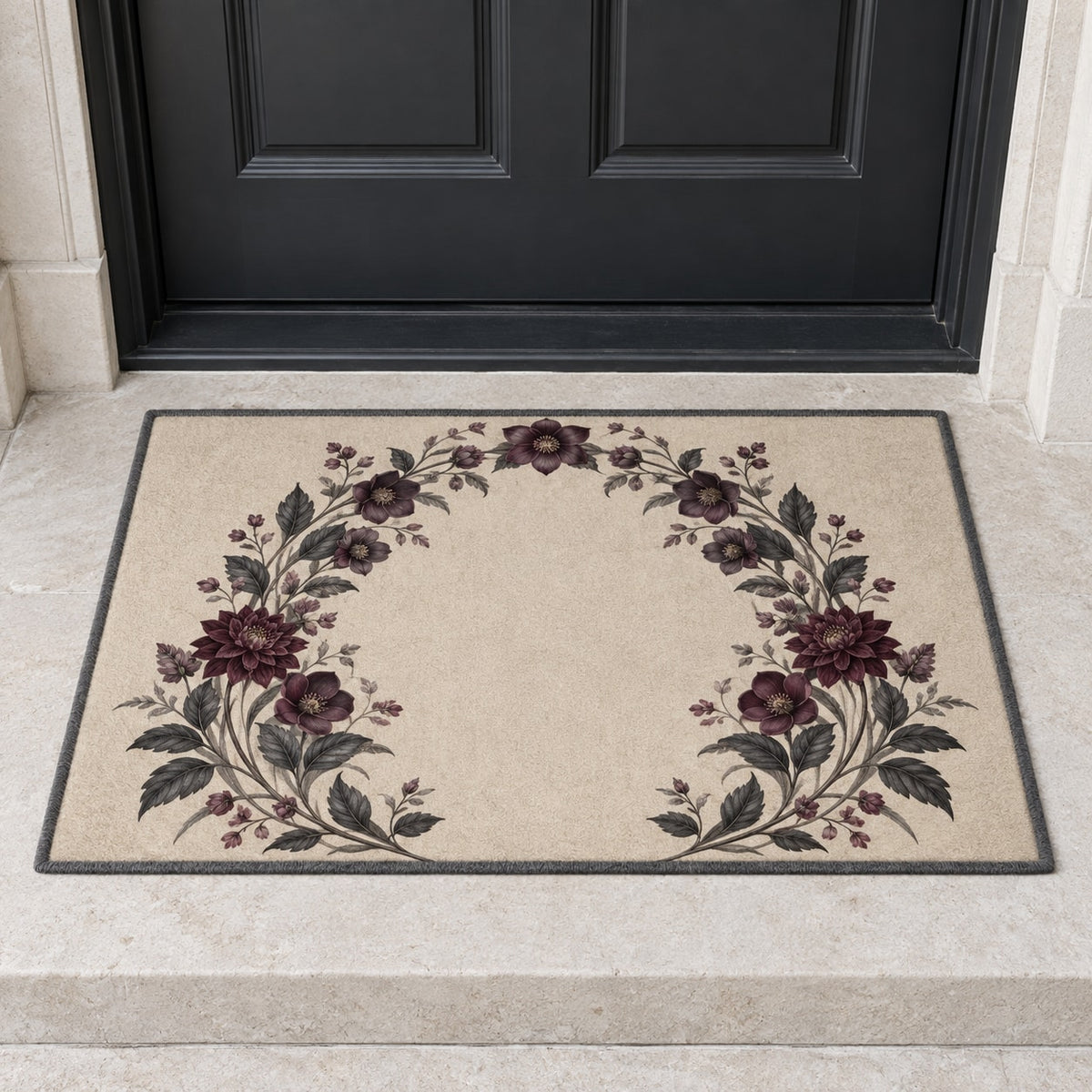 Gothic Botanical Wedding Welcome Mat with dimensional printed themed artwork; representative AI-generated mockup.