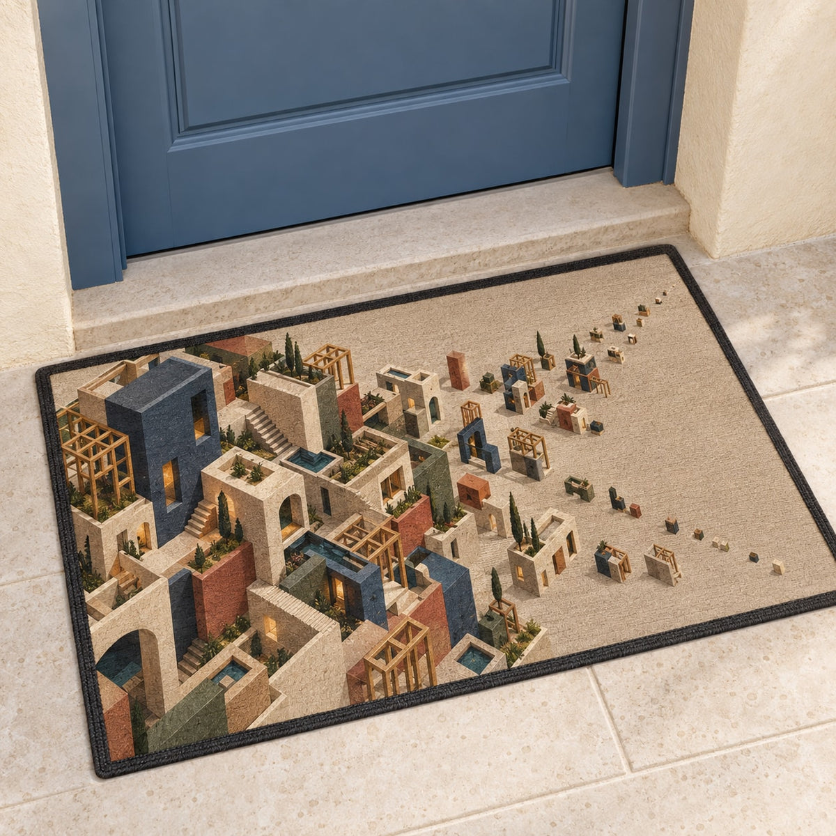 Pocket Atelier Parallax Welcome Mat with dimensional printed themed artwork; representative AI-generated mockup.