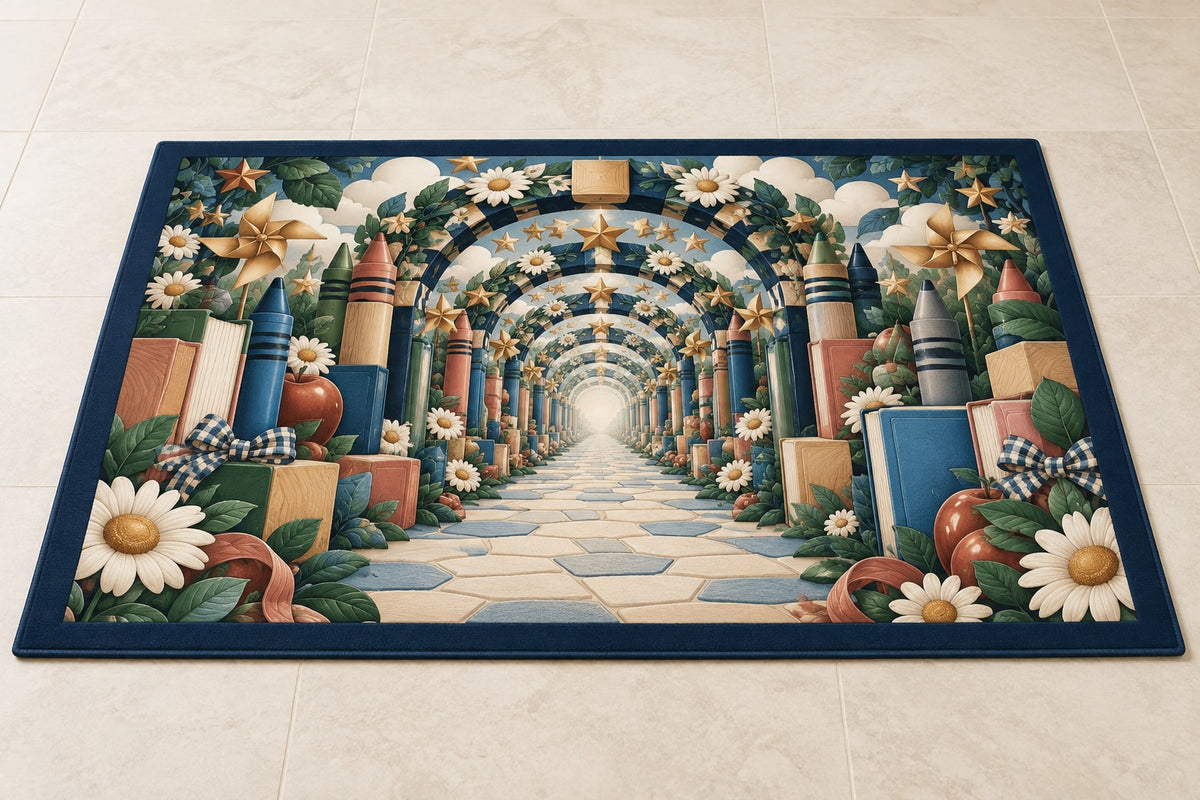 Kindergarten Wonder Garden Welcome Mat with dimensional printed themed artwork; representative AI-generated mockup.