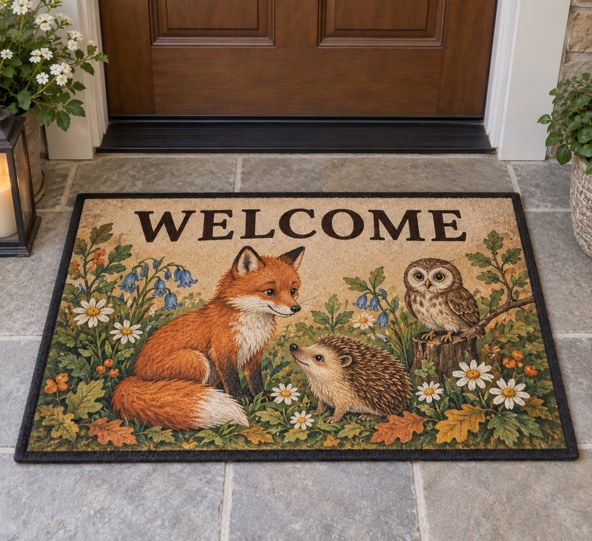 Original Storybook Animals Welcome Mat with dimensional printed themed artwork; representative AI-generated mockup.