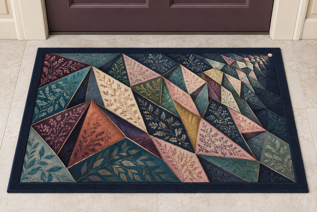Prismatic Quiltwork Cascade Welcome Mat with dimensional printed themed artwork; representative AI-generated mockup.