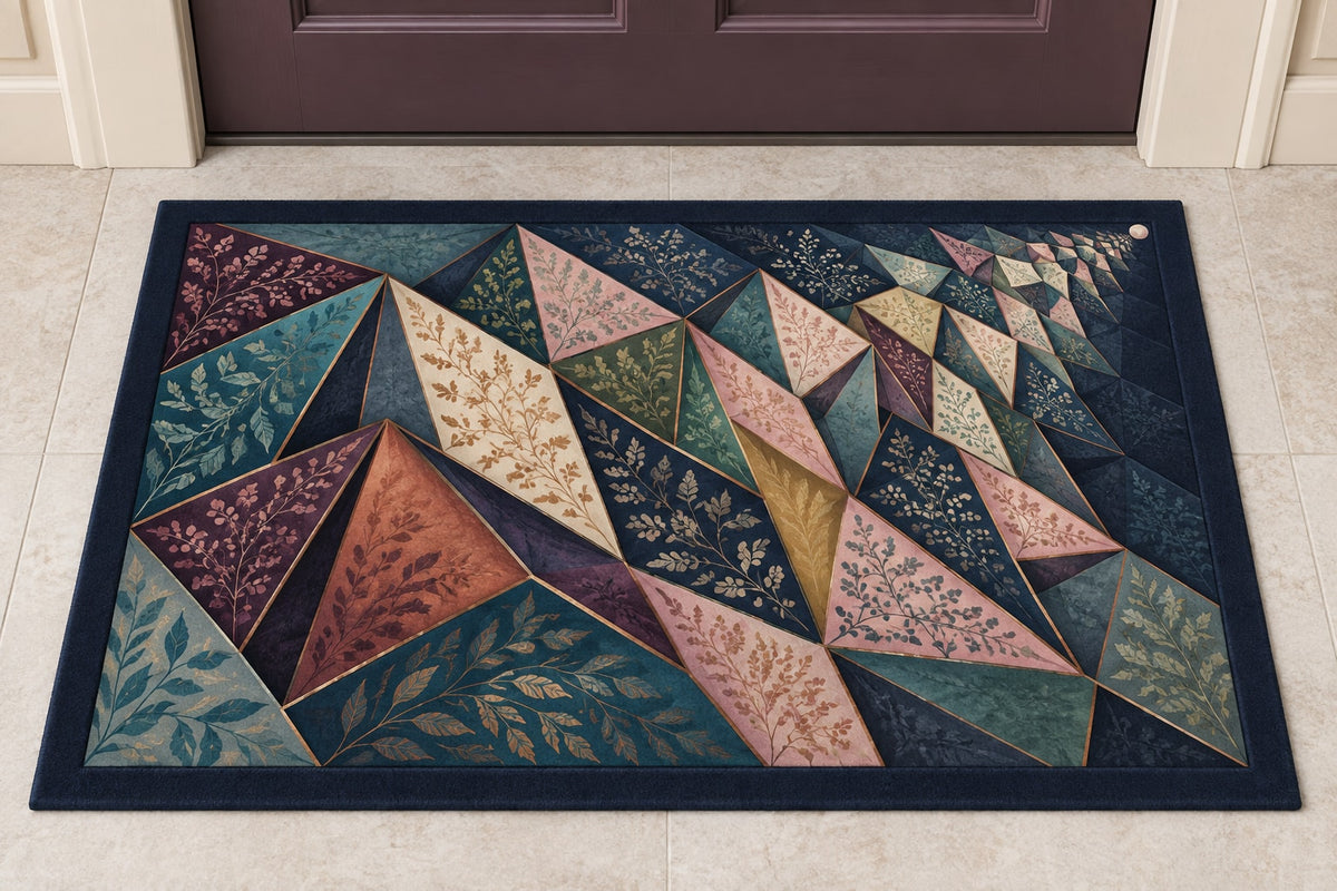Prismatic Quiltwork Cascade Welcome Mat with dimensional printed themed artwork; representative AI-generated mockup.