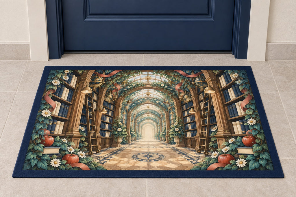Storybook Library Conservatory Welcome Mat with dimensional printed themed artwork; representative AI-generated mockup.