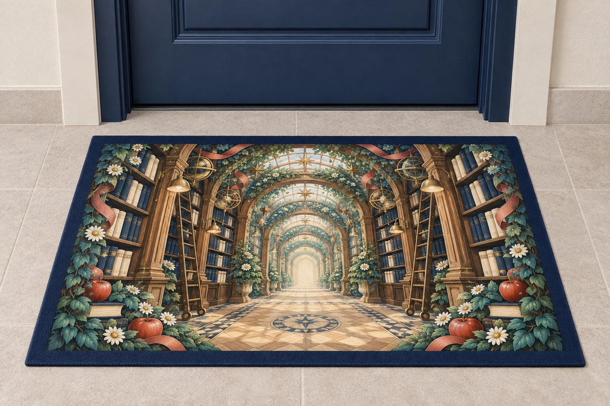 Storybook Library Conservatory Welcome Mat with dimensional printed themed artwork; representative AI-generated mockup.