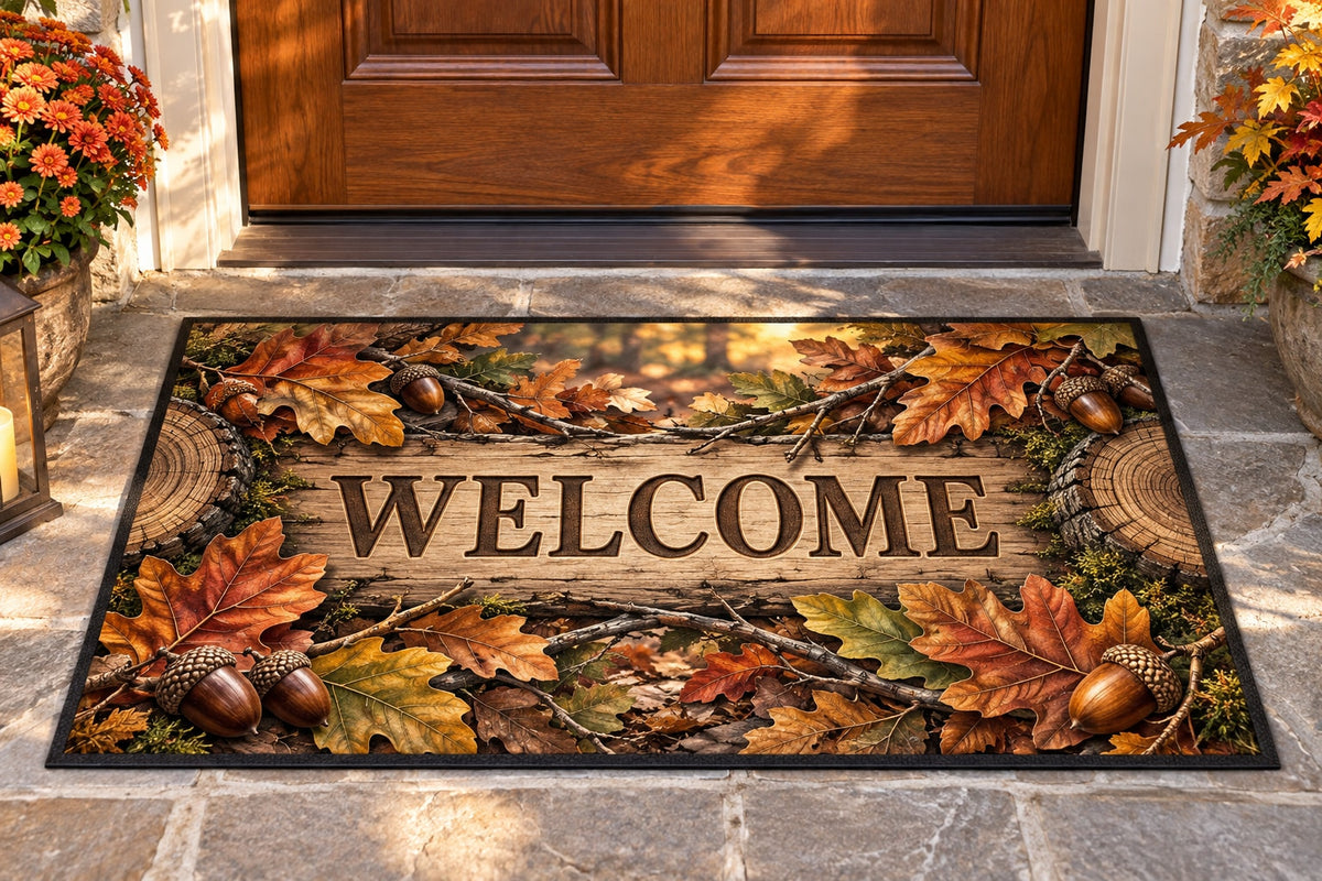Acorns and Oak Leaves Welcome Mat with dimensional printed themed artwork; representative AI-generated mockup.