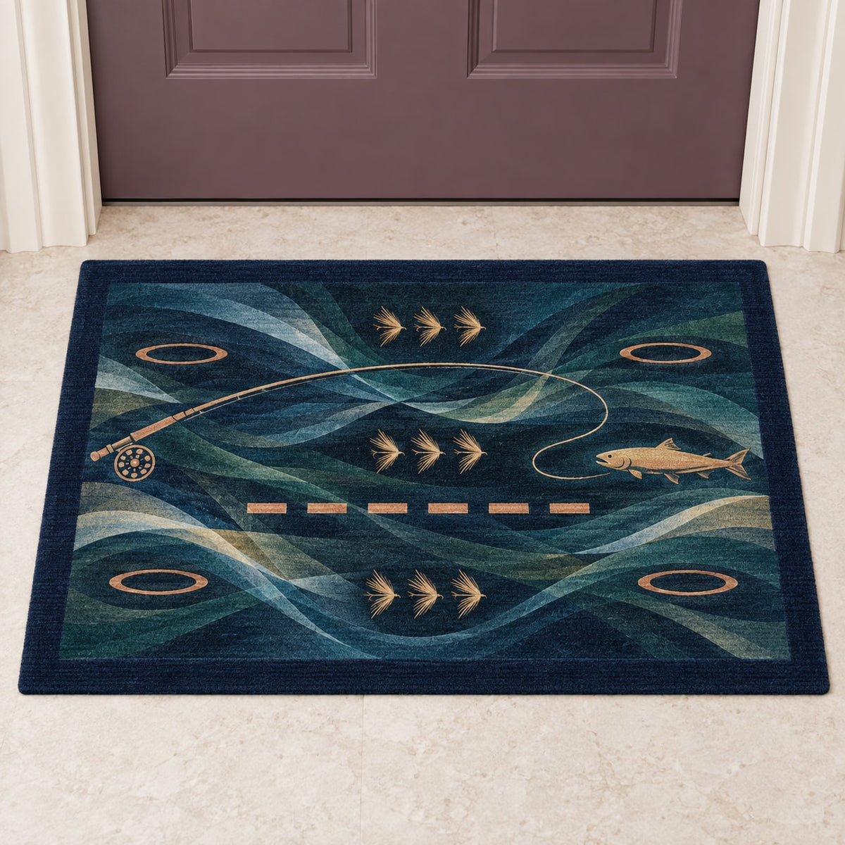 Rifflelight Cast Journey Welcome Mat with dimensional printed themed artwork; representative AI-generated mockup.