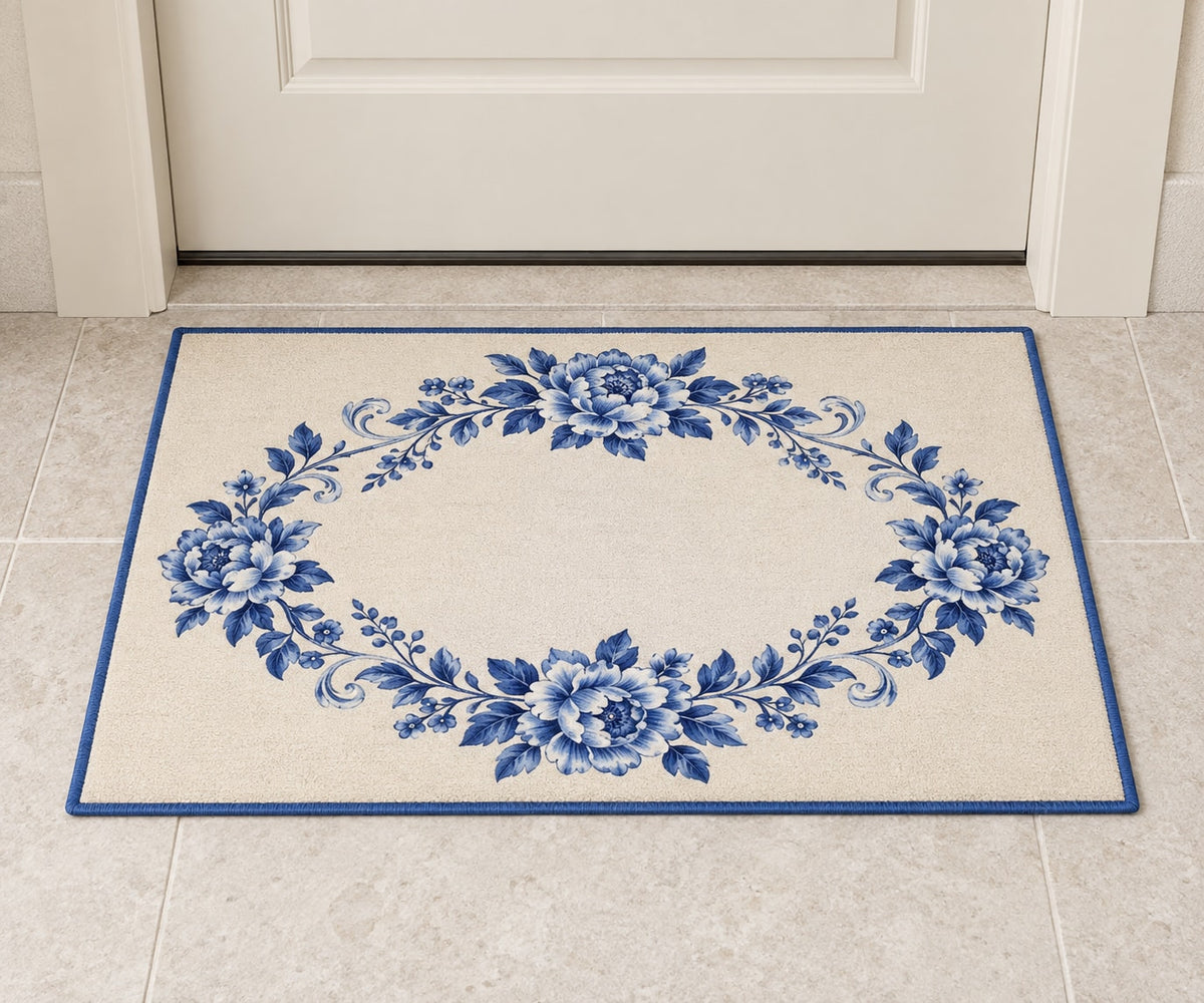 Blue Porcelain Wedding Wreath Welcome Mat with dimensional printed themed artwork; representative AI-generated mockup.