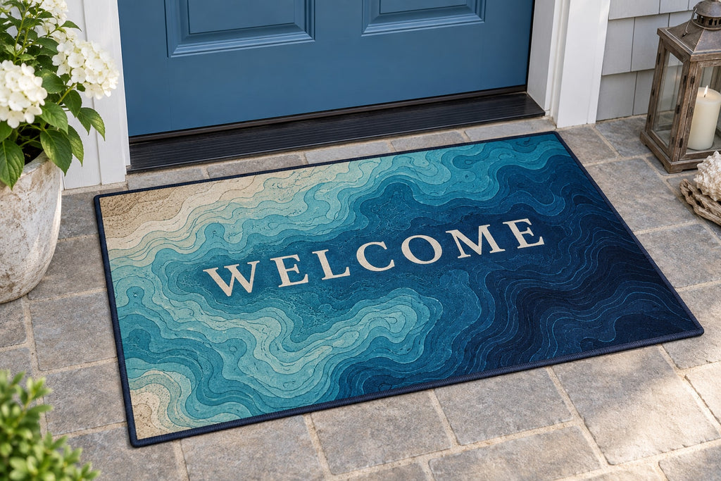Ocean Depth Contours Welcome Mat with dimensional printed themed artwork; representative AI-generated mockup.