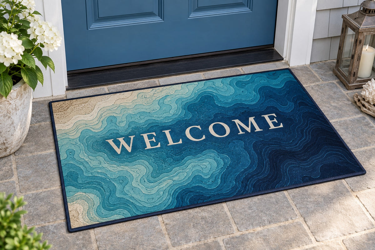 Ocean Depth Contours Welcome Mat with dimensional printed themed artwork; representative AI-generated mockup.