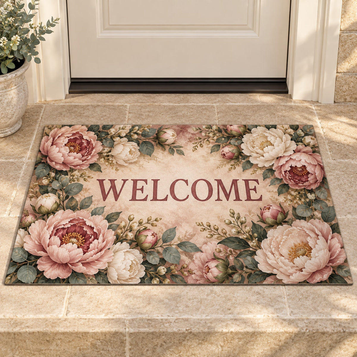Peony Bouquet Welcome Mat with dimensional printed themed artwork; representative AI-generated mockup.