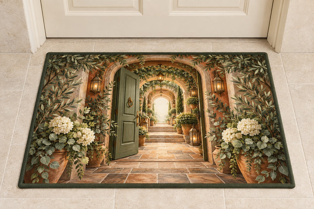 Housewarming Lantern Portal Welcome Mat with dimensional printed themed artwork; representative AI-generated mockup.