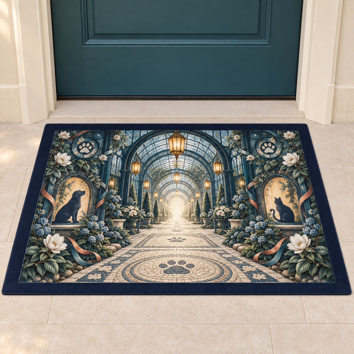 Vet Tech Lantern Conservatory Welcome Mat with dimensional printed themed artwork; representative AI-generated mockup.