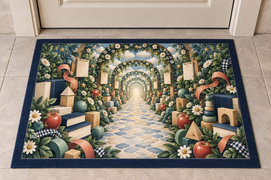 Inclusive Learning Sanctuary Welcome Mat with dimensional printed themed artwork; representative AI-generated mockup.