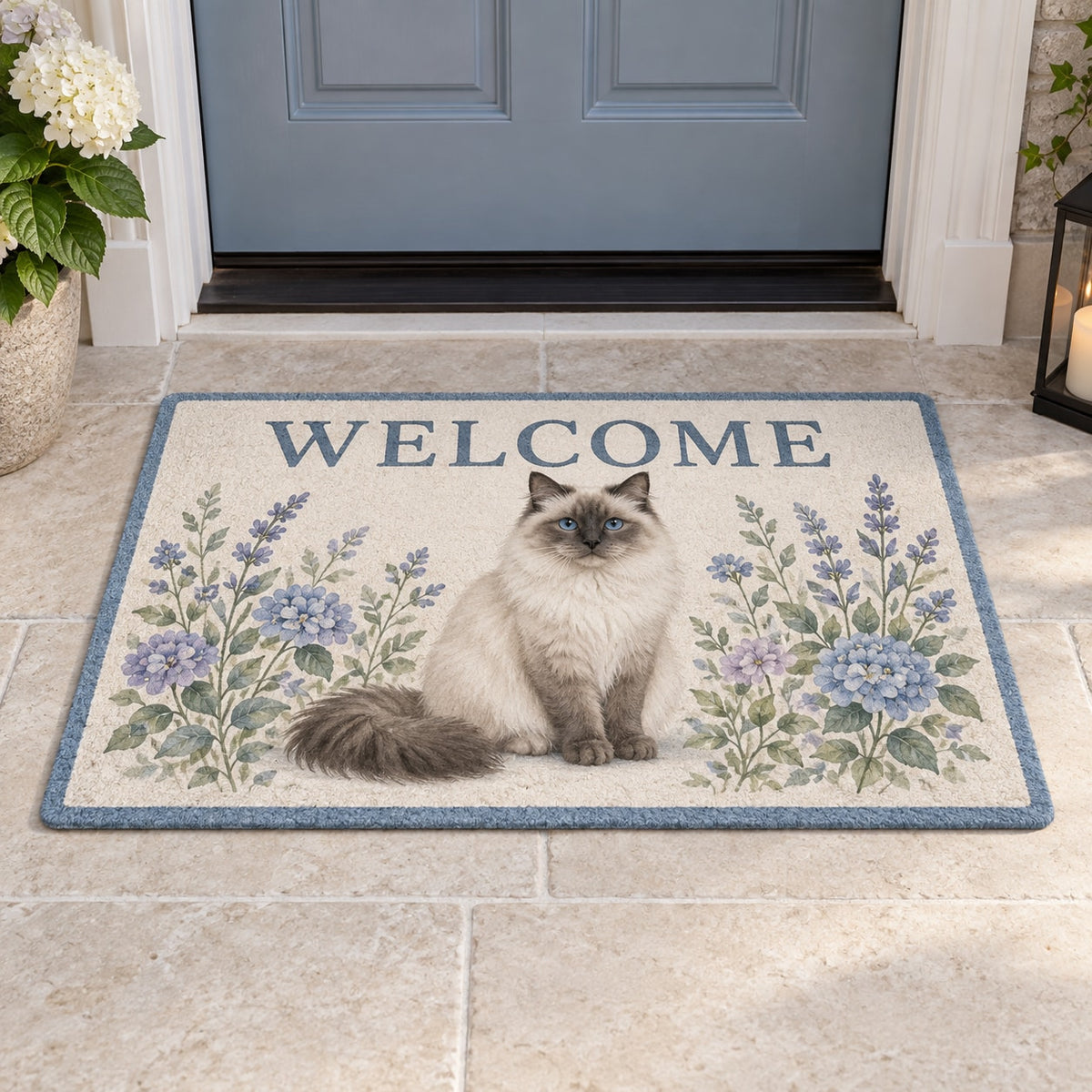 Ragdoll Cat Companion Welcome Mat with dimensional printed themed artwork; representative AI-generated mockup.
