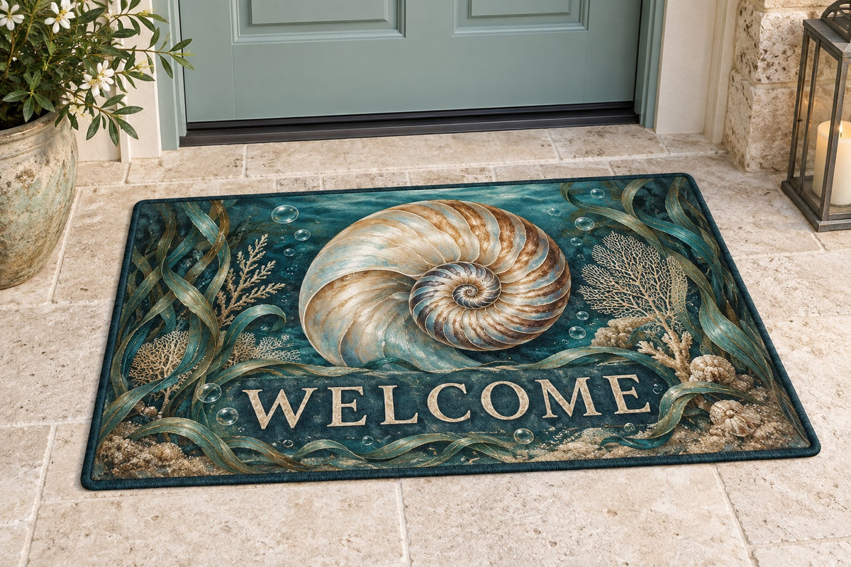 Nautilus Spiral Welcome Mat with dimensional printed themed artwork; representative AI-generated mockup.