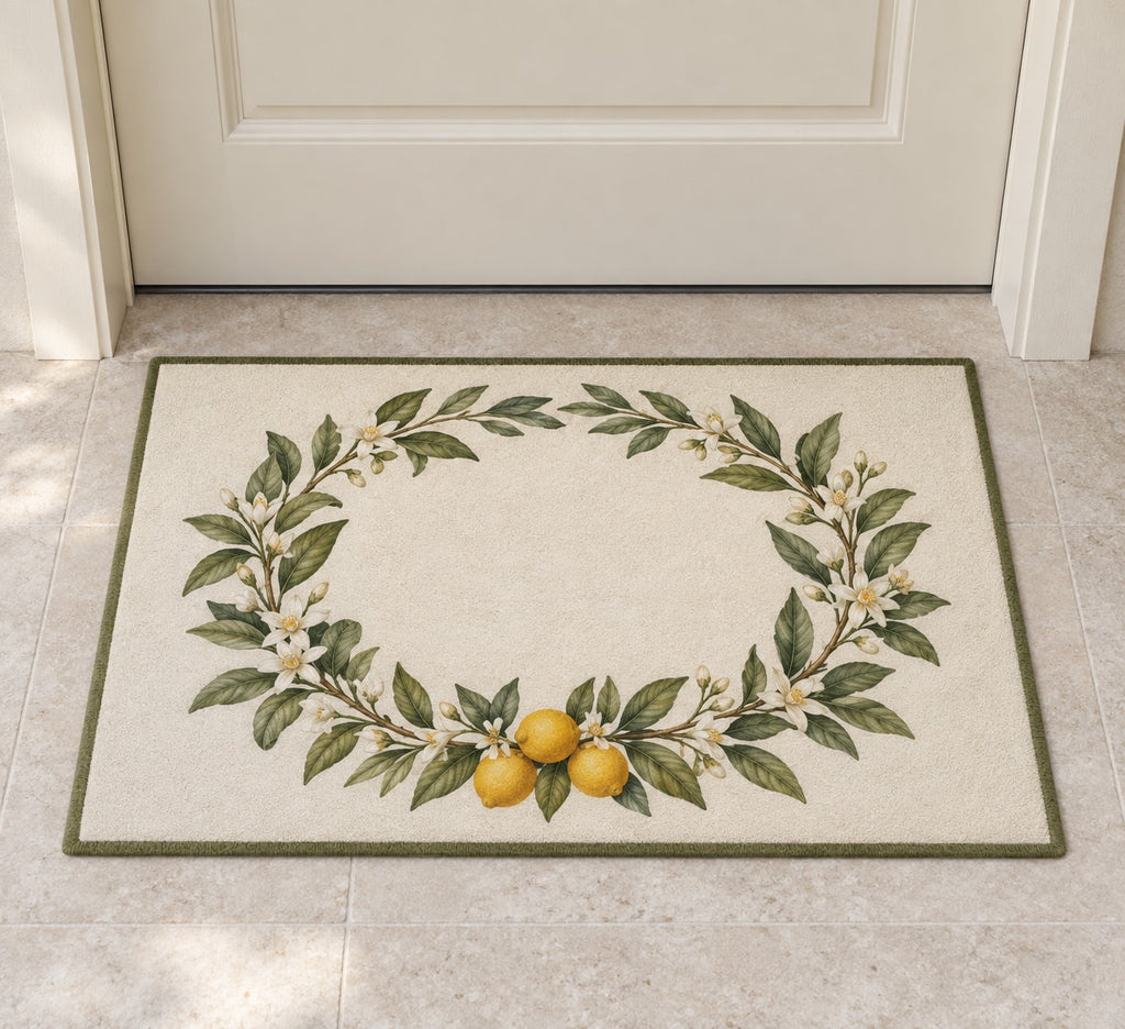 Citrus Garden Wedding Wreath Welcome Mat with dimensional printed themed artwork; representative AI-generated mockup.