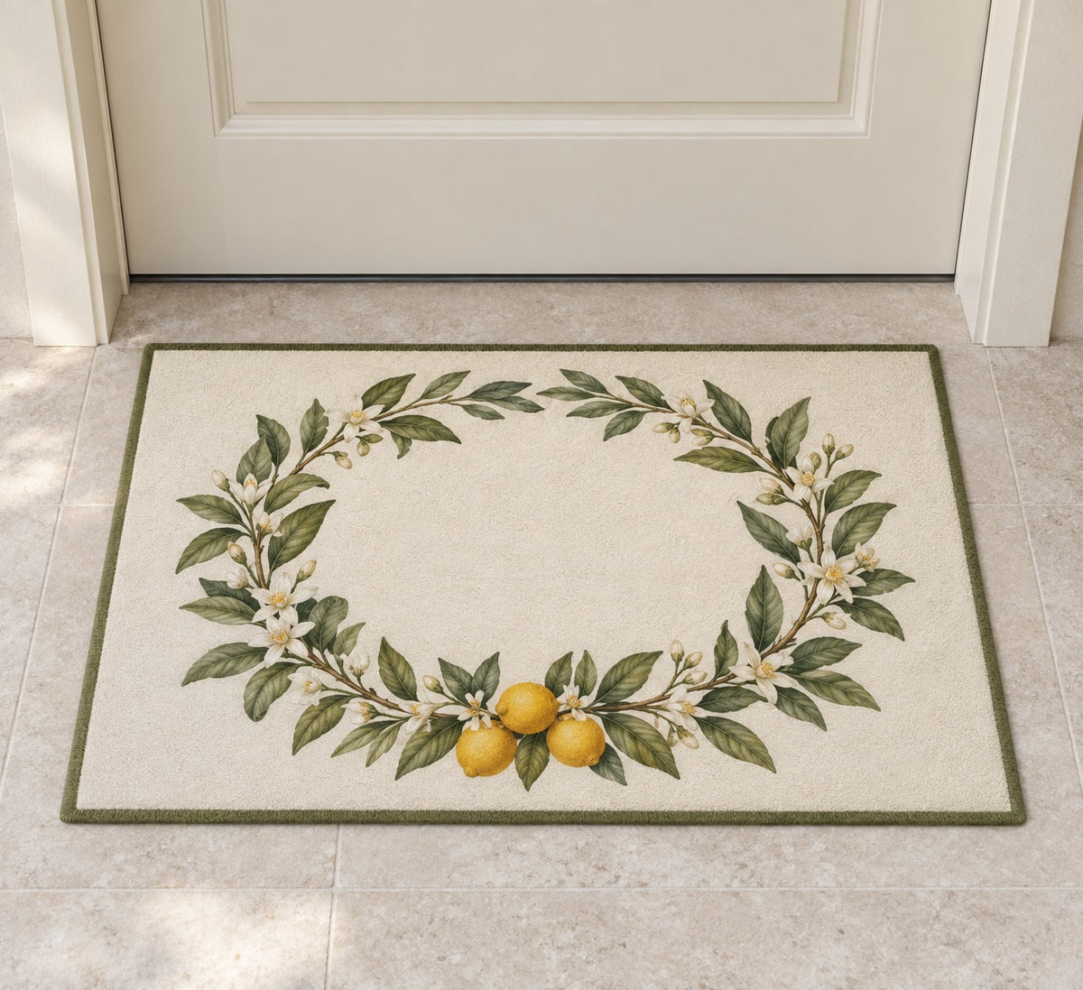 Citrus Garden Wedding Wreath Welcome Mat with dimensional printed themed artwork; representative AI-generated mockup.
