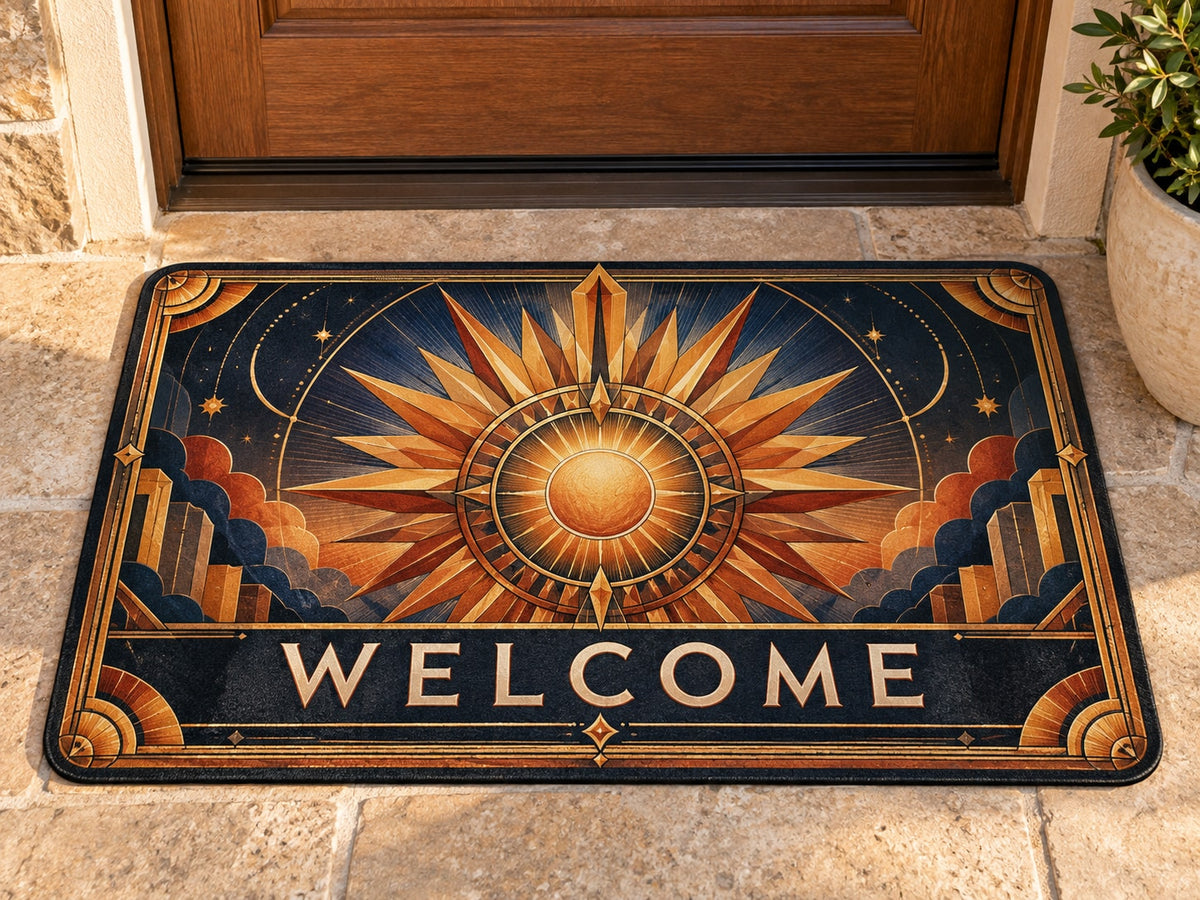 Geometric Sunburst Welcome Mat with dimensional printed themed artwork; representative AI-generated mockup.