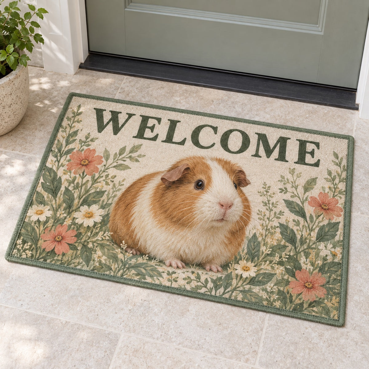 Guinea Pig Companion Welcome Mat with dimensional printed themed artwork; representative AI-generated mockup.