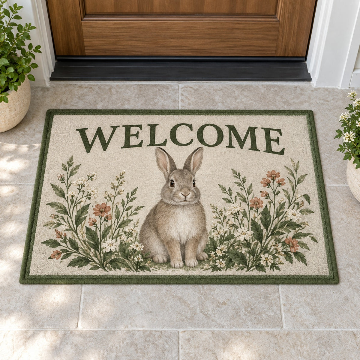 House Rabbit Companion Welcome Mat with dimensional printed themed artwork; representative AI-generated mockup.