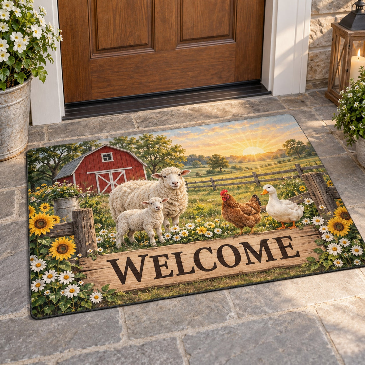 Farm Animal Morning Welcome Mat with dimensional printed themed artwork; representative AI-generated mockup.