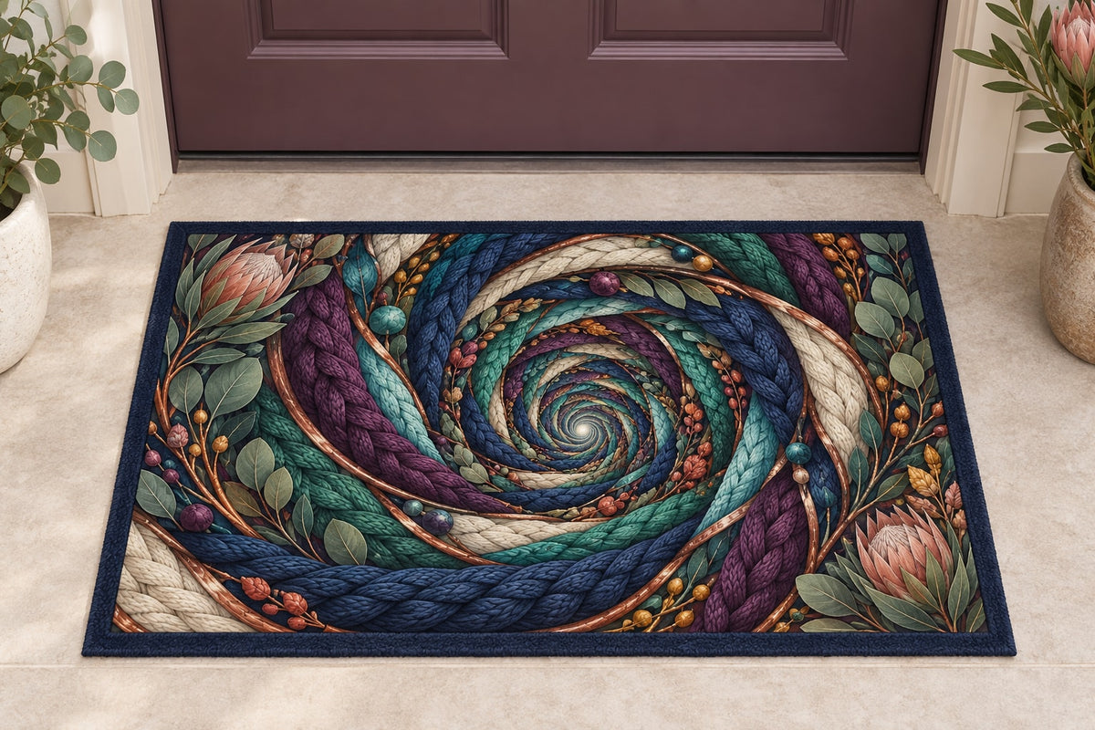Stitchlight Loom Atrium Welcome Mat with dimensional printed themed artwork; representative AI-generated mockup.