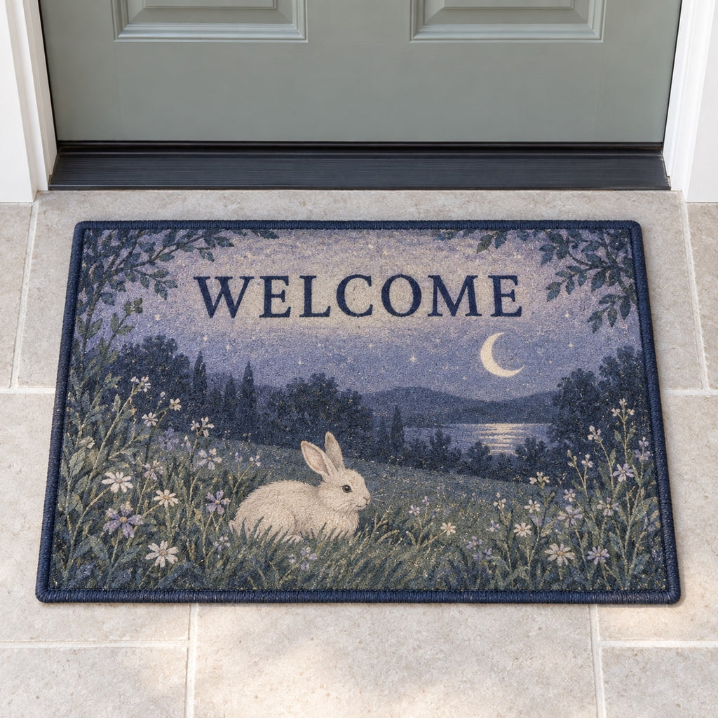 Bunny Moon Meadow Welcome Mat with dimensional printed themed artwork; representative AI-generated mockup.