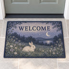 Bunny Moon Meadow Welcome Mat with dimensional printed themed artwork; representative AI-generated mockup.