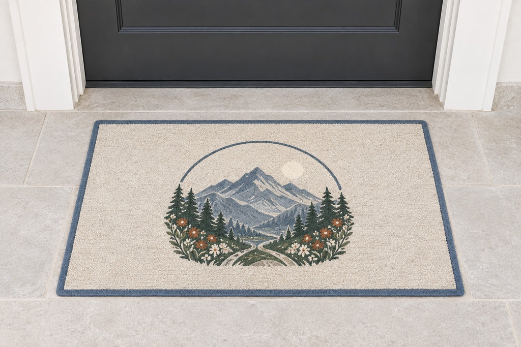 Mountain Elopement Ridge Welcome Mat with dimensional printed themed artwork; representative AI-generated mockup.