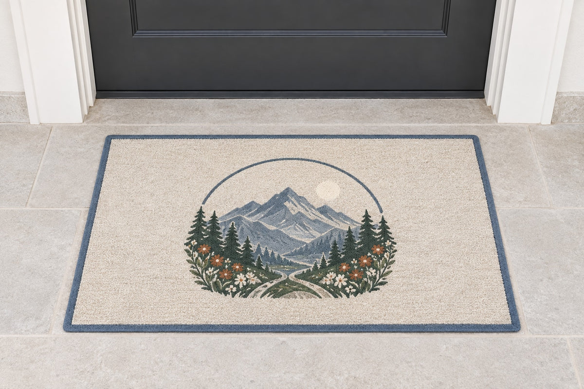 Mountain Elopement Ridge Welcome Mat with dimensional printed themed artwork; representative AI-generated mockup.