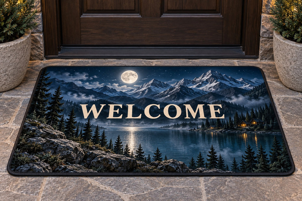 Moon Mountain Landscape Welcome Mat with dimensional printed themed artwork; representative AI-generated mockup.