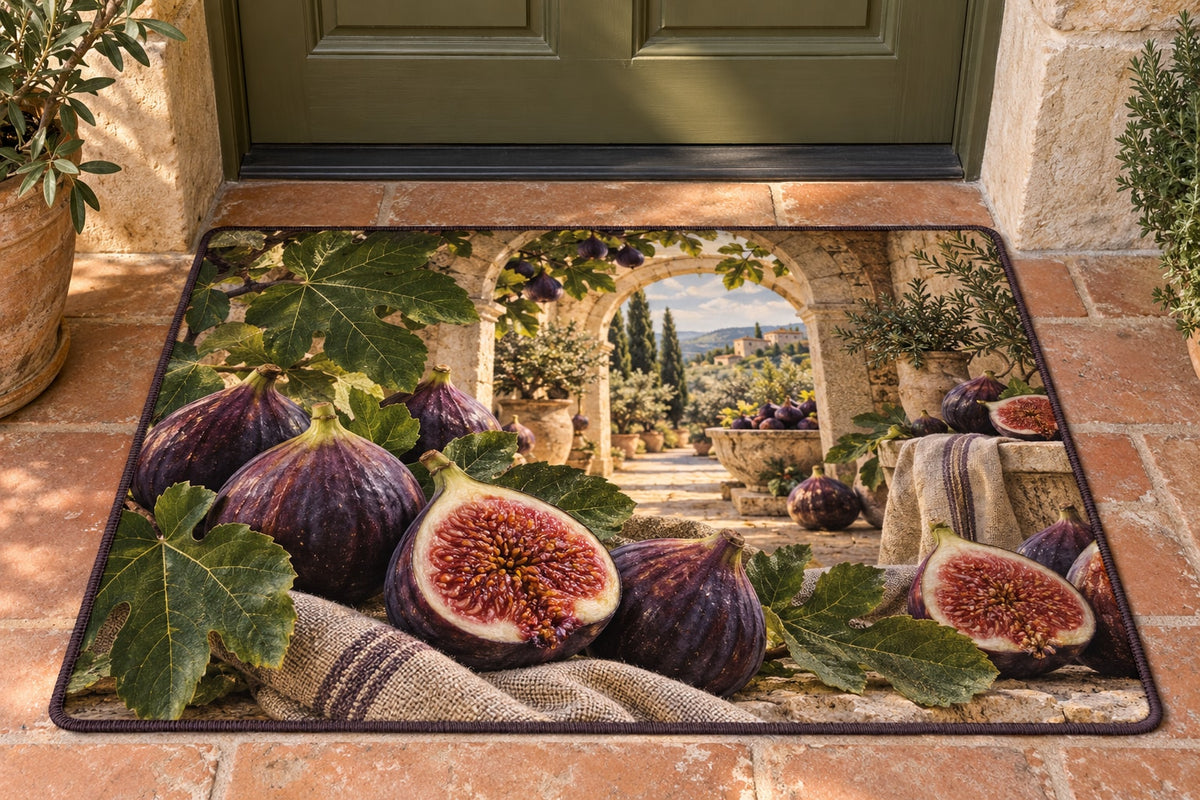 Fig Harvest Welcome Mat with dimensional printed themed artwork; representative AI-generated mockup.