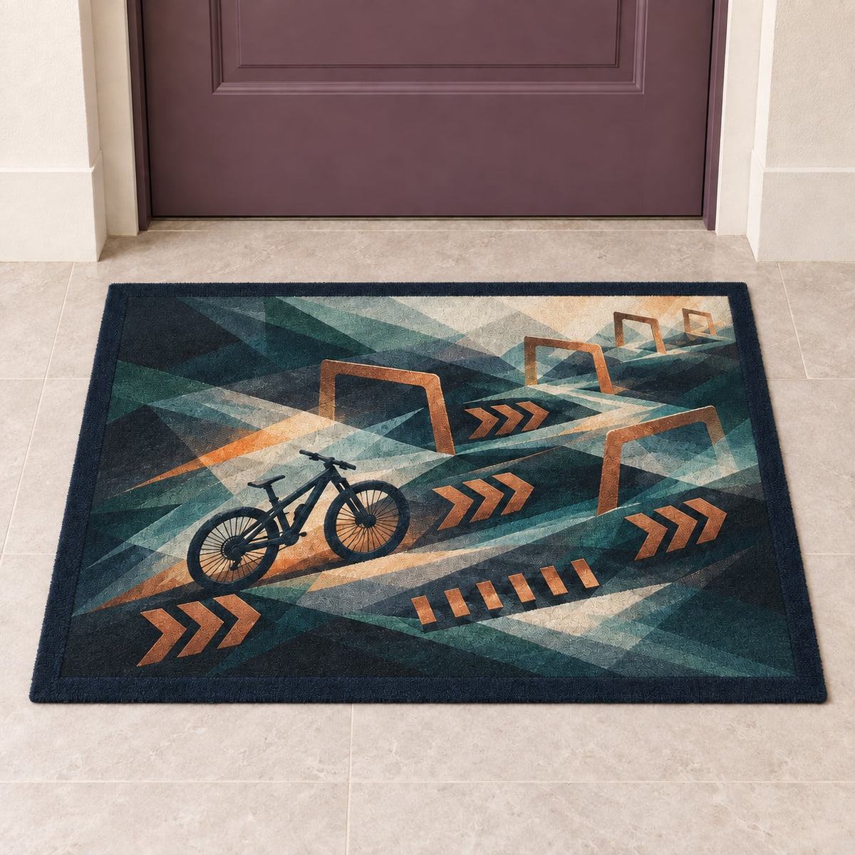 Switchback Ember Traverse Welcome Mat with dimensional printed themed artwork; representative AI-generated mockup.