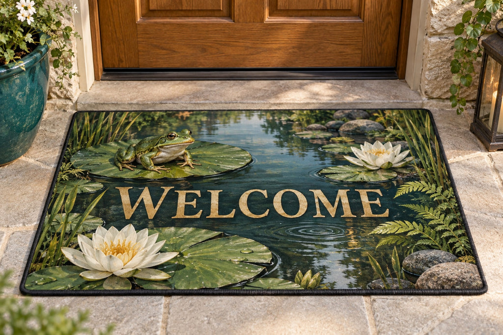 Frog Pond Welcome Mat with dimensional printed themed artwork; representative AI-generated mockup.