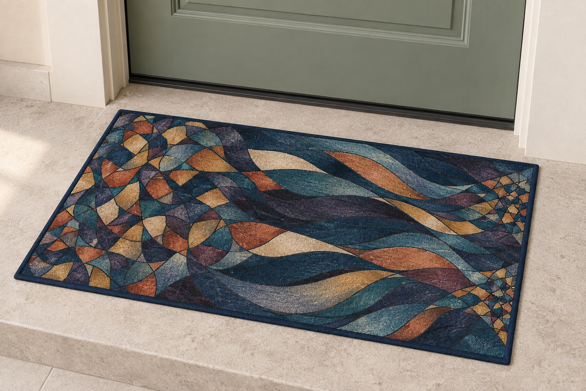 Prismatic Jigsaw Current Welcome Mat with dimensional printed themed artwork; representative AI-generated mockup.