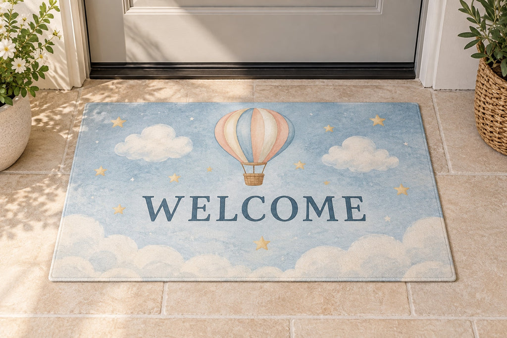Hot Air Balloon Sky Welcome Mat with dimensional printed themed artwork; representative AI-generated mockup.