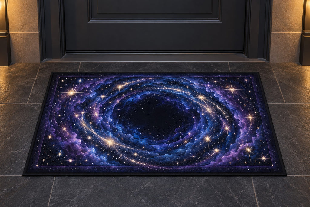 Milestone Birthday Star Portal Welcome Mat with dimensional printed themed artwork; representative AI-generated mockup.