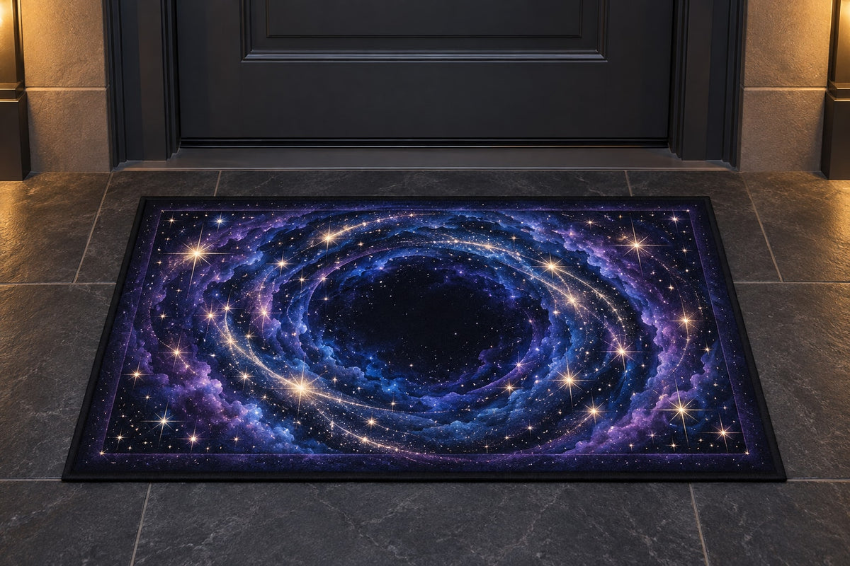 Milestone Birthday Star Portal Welcome Mat with dimensional printed themed artwork; representative AI-generated mockup.