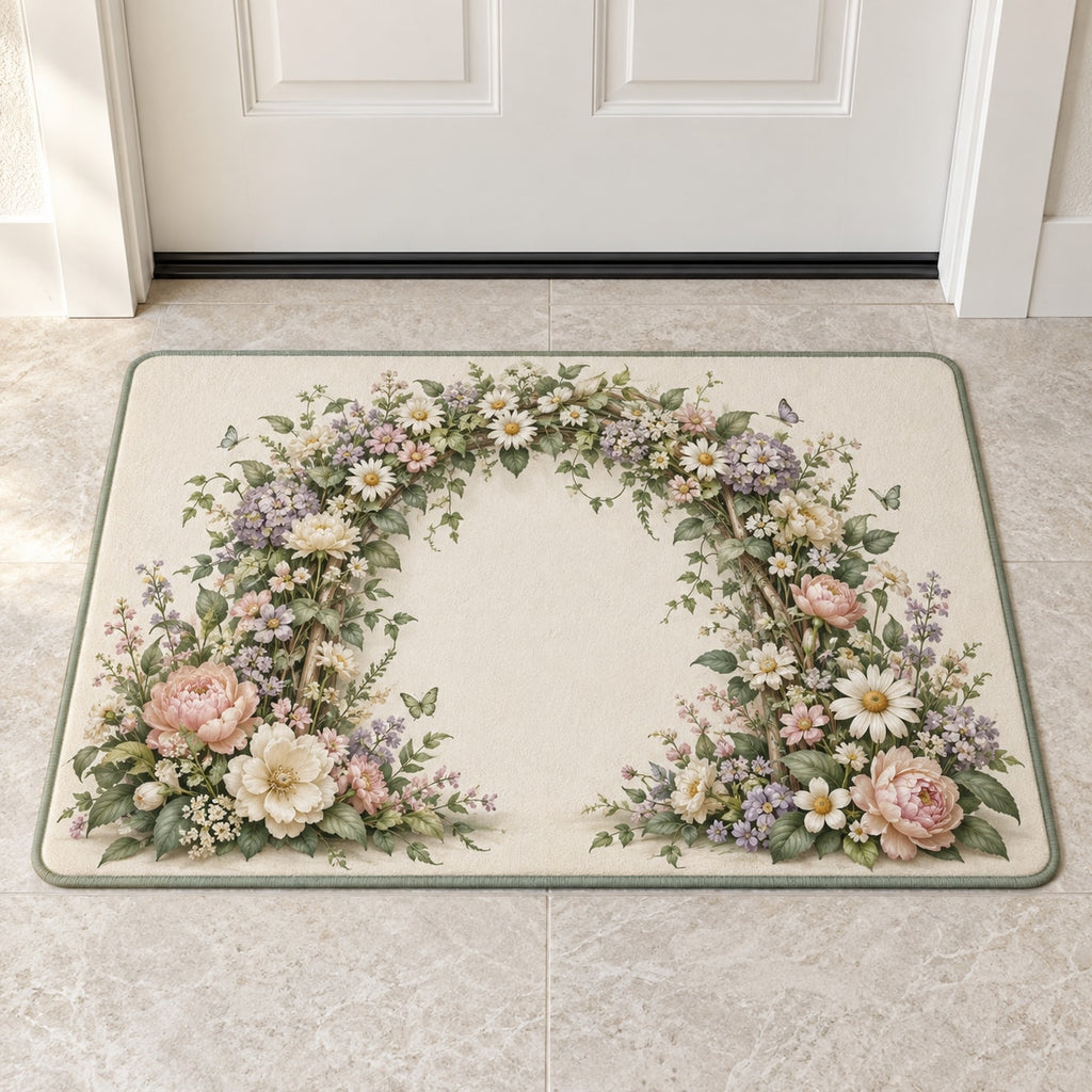 First Birthday Garden Arch Welcome Mat with dimensional printed themed artwork; representative AI-generated mockup.