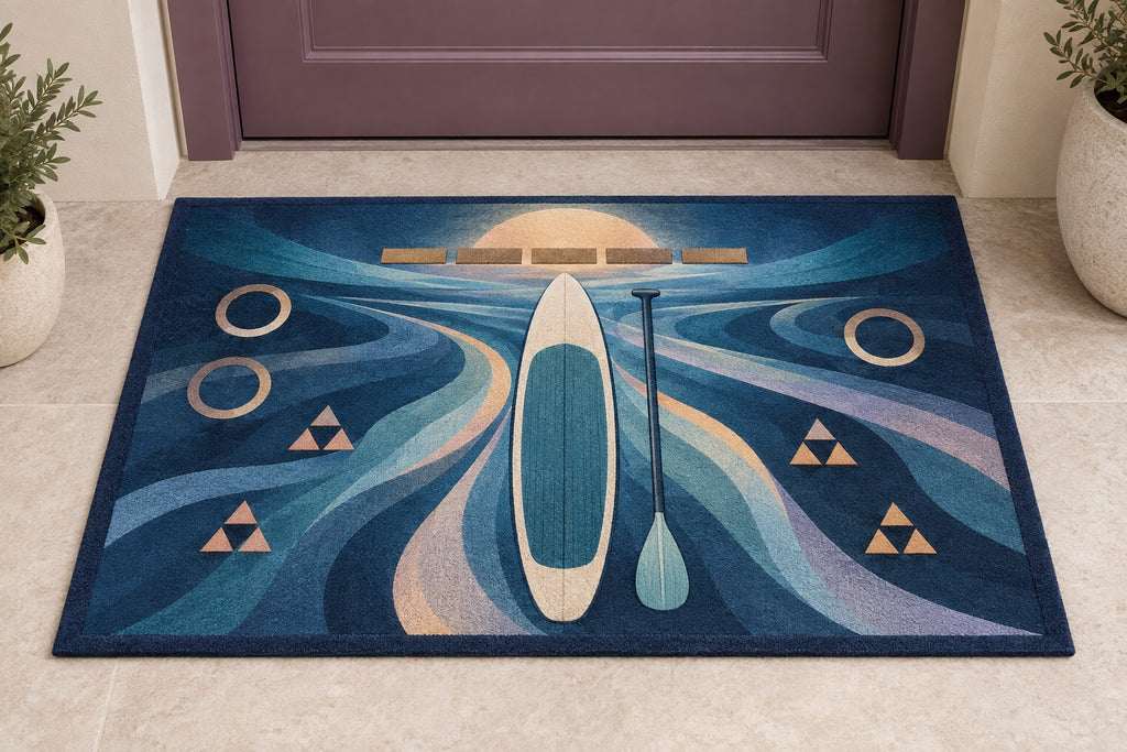 Stillwater Stance Prismwake Welcome Mat with dimensional printed themed artwork; representative AI-generated mockup.