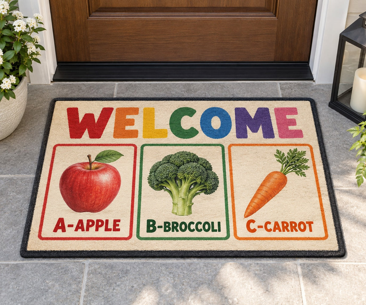 Fruit and Vegetable Alphabet Welcome Mat with dimensional printed themed artwork; representative AI-generated mockup.