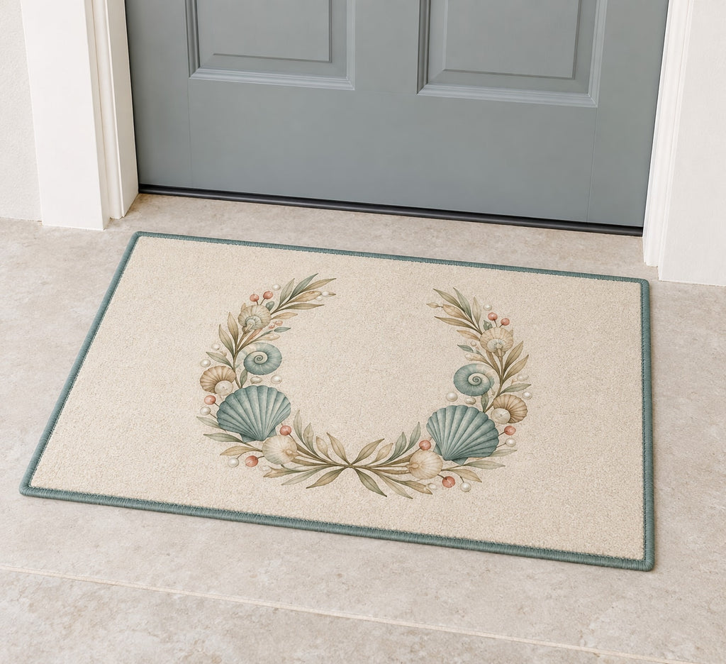Coastal Shell Wedding Welcome Mat with dimensional printed themed artwork; representative AI-generated mockup.