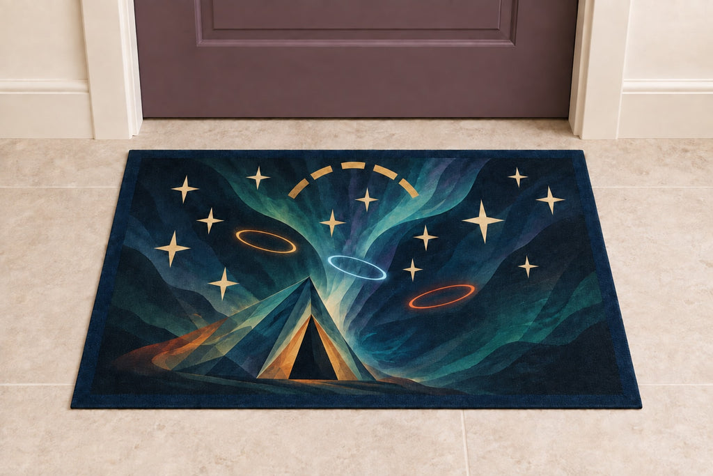 Nightglass Camp Observatory Welcome Mat with dimensional printed themed artwork; representative AI-generated mockup.