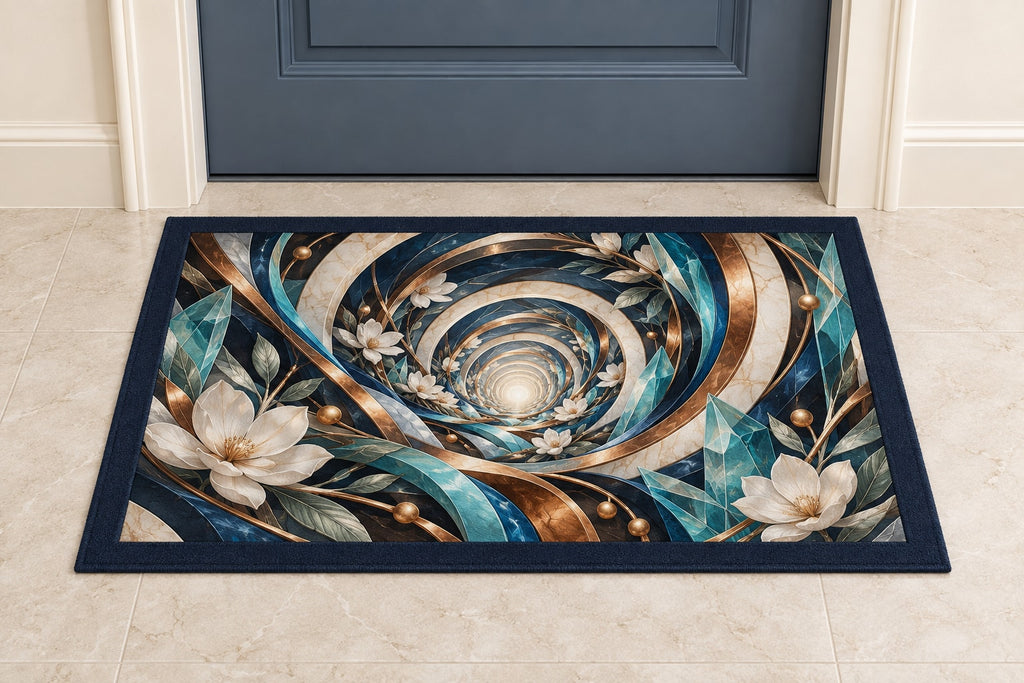 Luminous Circuit Sanctuary Welcome Mat with dimensional printed themed artwork; representative AI-generated mockup.