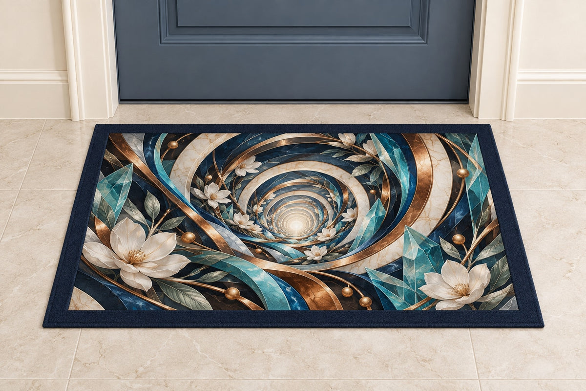 Luminous Circuit Sanctuary Welcome Mat with dimensional printed themed artwork; representative AI-generated mockup.