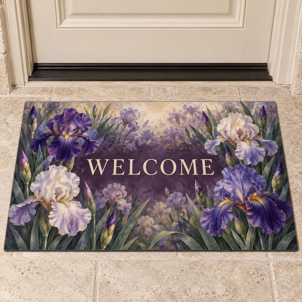 Iris Garden Welcome Mat with dimensional printed themed artwork; representative AI-generated mockup.
