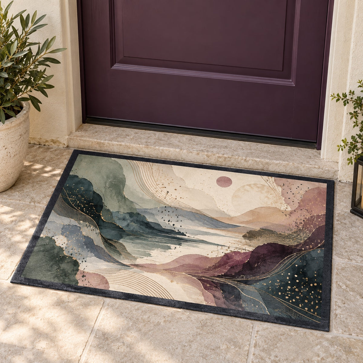 Quiet Margin Aurora Welcome Mat with dimensional printed themed artwork; representative AI-generated mockup.